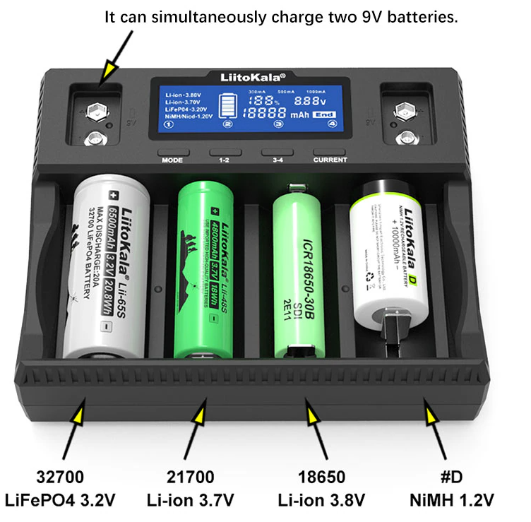 LiitoKala Lii-D4XL Lii-D4 21700 18650 3.7V Li ion 3.2V LiFePO4 1.2V Ni ...