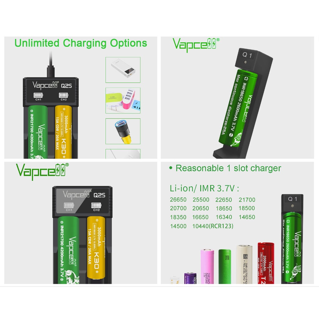 Vapcell Q1 Q2S Lithium ion Battery Charger Slot 18650 21700