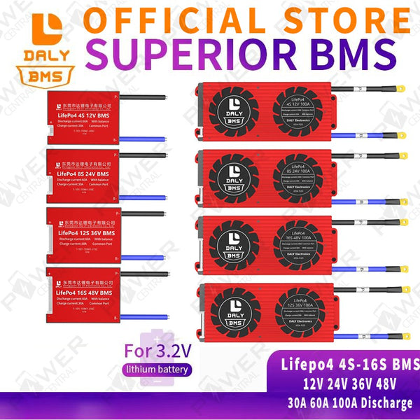Power Central  lifepo4 BMS 12v 24v 36v 48v 30a 60a 100a 4s 8s 12s 16s 3.2v Manufactured by Daly