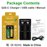 Vapcell Q1 Q2S-C Lithium ion Battery Charger 1 & 2 Slot 18650 21700 22650 25500 26650 Li-Ion