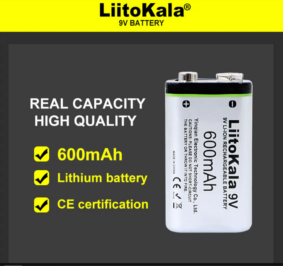 Liitokala 600mAh 9V li-ion Battery 6F22 9V Rechargeable Battery For Microphone Multimeter Toys