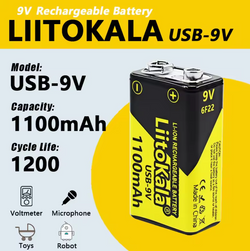 Liitokala 1100mAh 9V li-ion USB C Battery 6F22 9V Rechargeable Battery Microphone Multimeter Toys