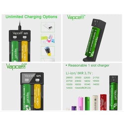 Vapcell Q1 Q2S-C Lithium ion Battery Charger 1 & 2 Slot 18650 21700 22650 25500 26650 Li-Ion