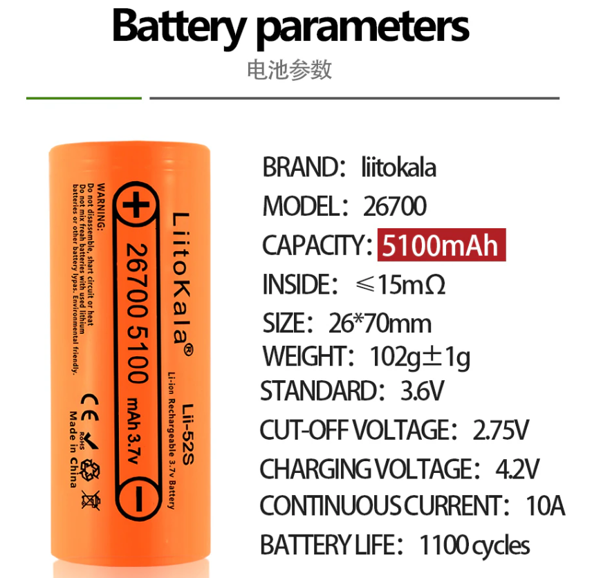 LiitoKala Lii-51S lii-52S 26650 26700 5100mAh 21A Battery 3.7V Li-ion Rechargeable Battery High discharge