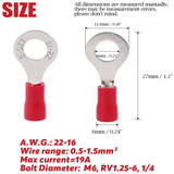 10 pcs Insulated Ring Connector Terminal Lugs RV1.25-4 RV1.25-6 RV1.25-8 AWG22 to AWG16