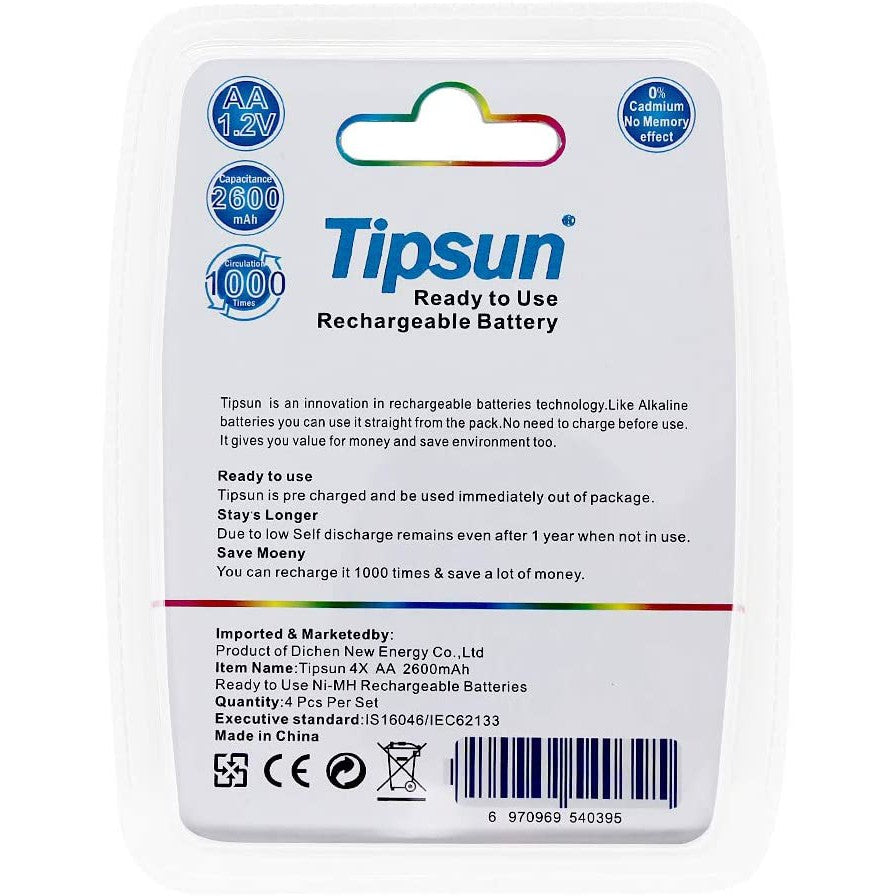 4 pcs Tipsun AA Rechargeable Batteries Ni-MH, 2600mAh High Capacity 10 ...