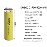 1pc DMEGC 21700 3.7v 5000mah 15A continues Rechargeable Lithium Ion Battery
