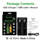 Vapcell Q1 Q2S Lithium ion Battery Charger 1 & 2 Slot 18650 21700 22650 25500 26650 Li-Ion